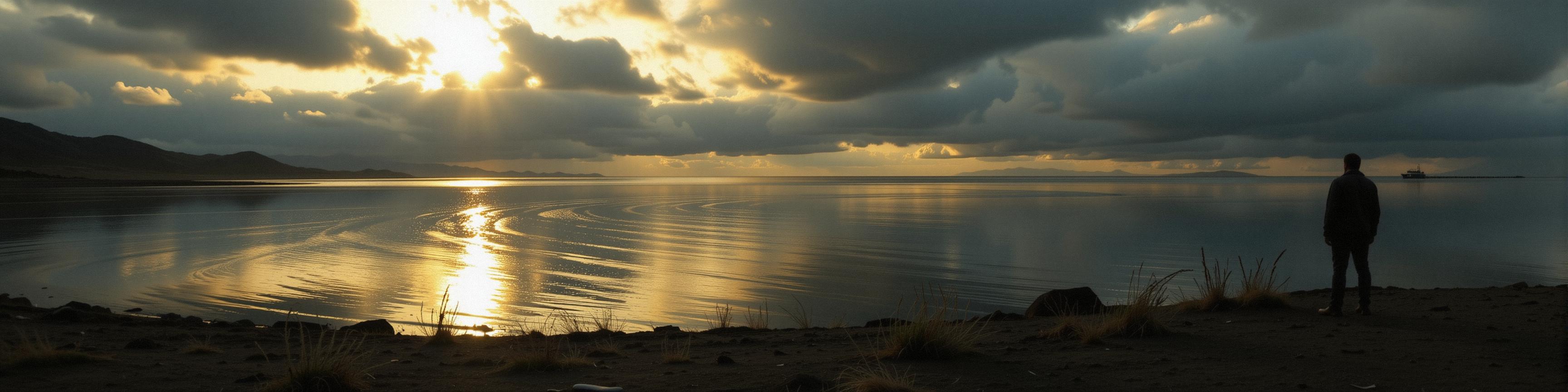 photograph, desolate water and Exoplanet in background, Golden ratio, shot from side of a fluorescent No