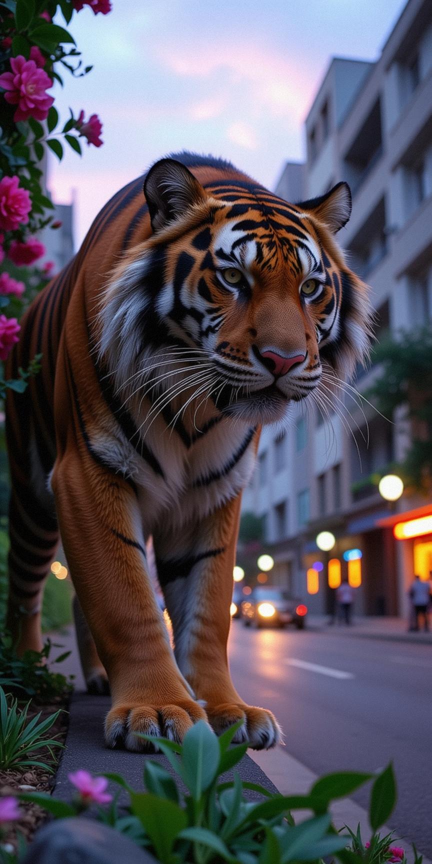 photograph, intricate details, insane details, Dutch angle shot of a Fiery Profound Sabertooth tiger