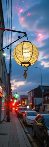 photograph, desolate city street and Deep space in background, fairy tale, shot from side of a Lantern Shark