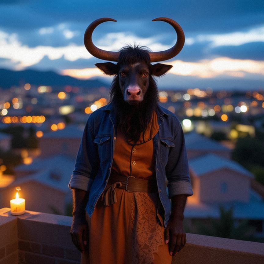 photograph, behance, full body shot of a flyweight traditional South African Male Minotaur , the Minotaur is doing Home improvement