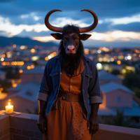photograph, behance, full body shot of a flyweight traditional South African Male Minotaur , the Minotaur is doing Home improvement