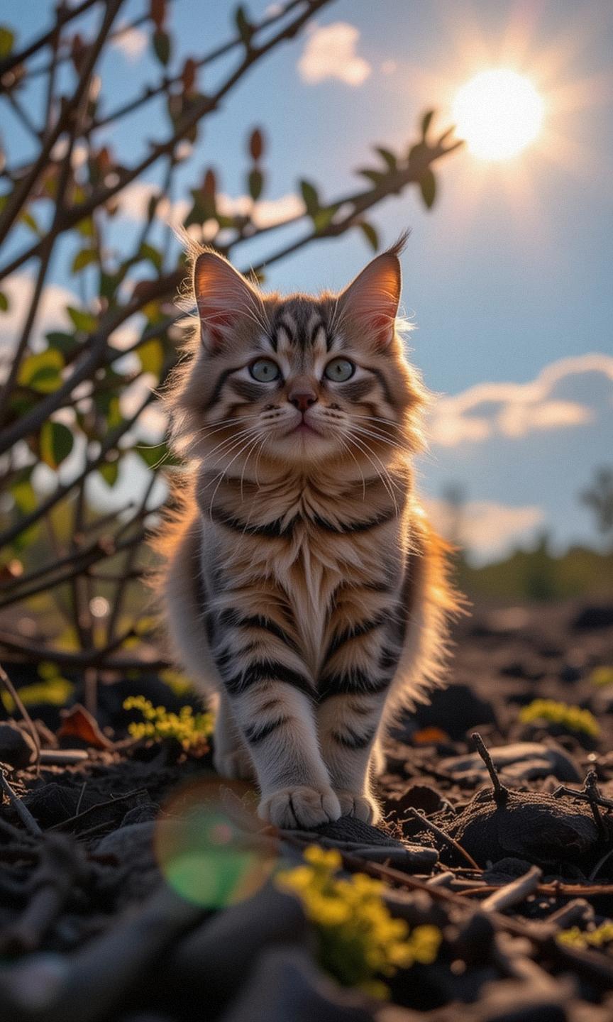 photograph, dynamic background, fairy tale, ground level shot of a Terrorwave Geeky Maine Coon Kitten