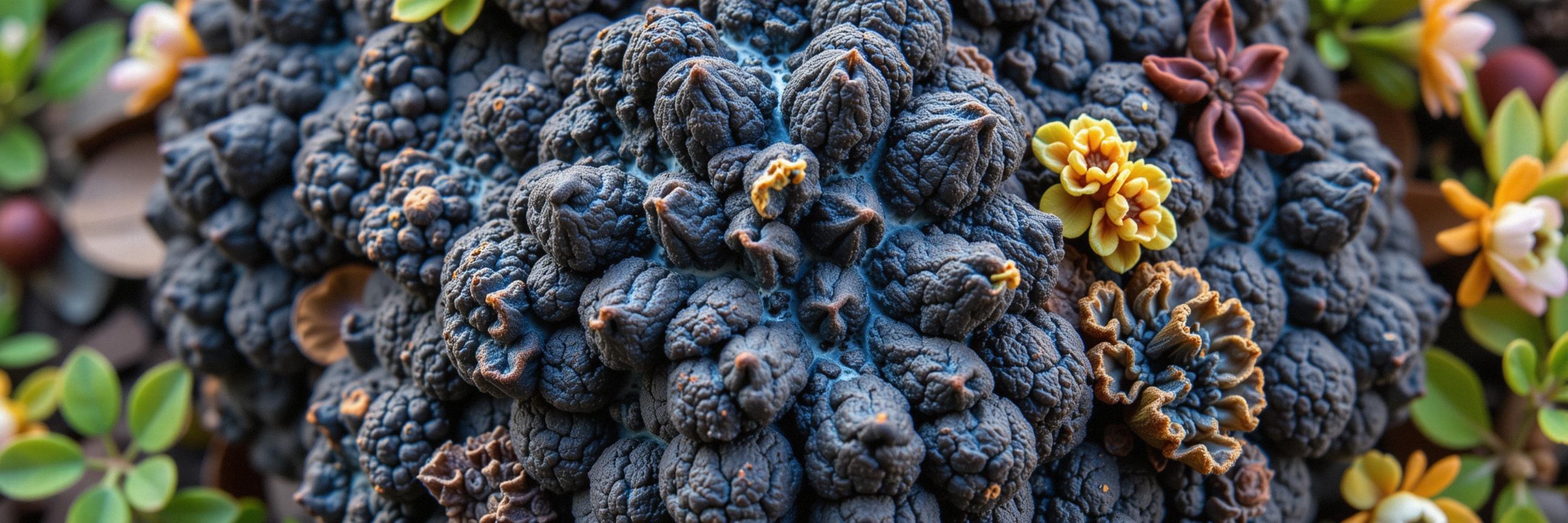 photograph, dark indigo theme , overhead angle of a Prehistoric Lichen , the Lichen is very Underwater and Repulsive