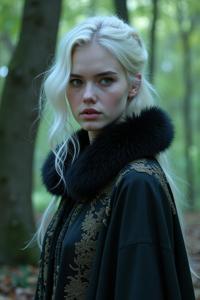 oak, photograph, full body shot of a well built Amish Alice Greczyn , she is very Vogue and Fur collared