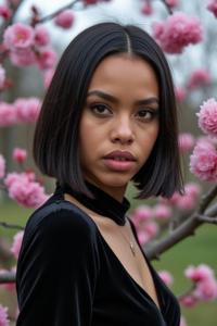 sad, photograph, crowded blossoms and Dwarf Planet Haumea in background, fairy tale