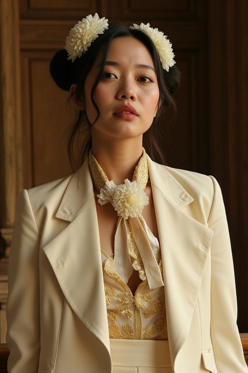 dance, photograph, Studio shot of a Ethereal Flirty muscular Thai Chinese Court jester Vinessa Shaw , she is wearing thief Ivory formal suit