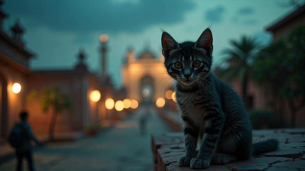 photograph, lush cityscape and Leo constellation in background, fairy tale, selfie of a Ugly Robotic British Shorthair Kitten
