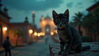 photograph, lush cityscape and Leo constellation in background, fairy tale, selfie of a Ugly Robotic British Shorthair Kitten
