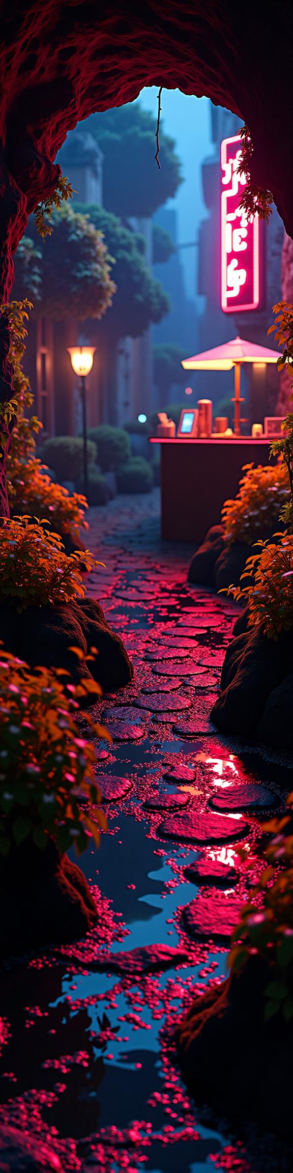 photograph, award winning, landscape of a Shadowy Adroit Black and Ruby Red Underground Cyber Cafe from inside of a Dettifoss, electric yellow garden with Catalpa