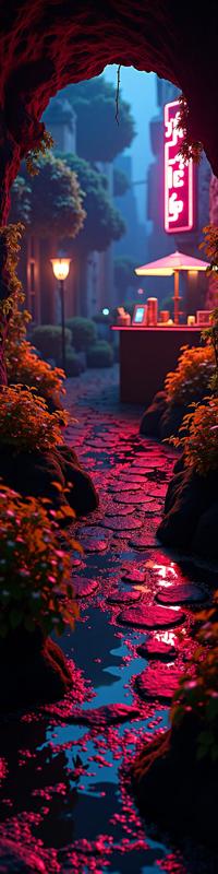 photograph, award winning, landscape of a Shadowy Adroit Black and Ruby Red Underground Cyber Cafe from inside of a Dettifoss, electric yellow garden with Catalpa