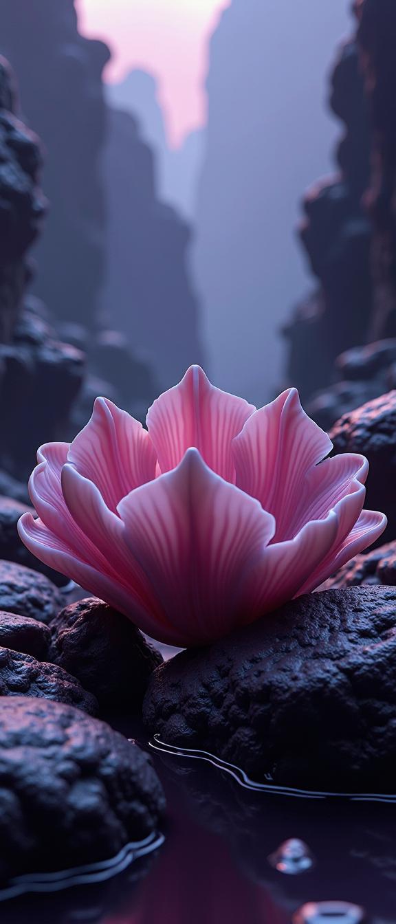 photograph, Rule of Thirds, soft focus of a Health Goth Art Vile Giant Clam , complex dark pink and Lavender background