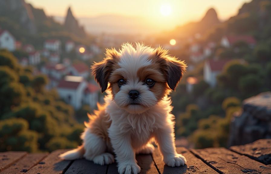 photograph, highly detailed, angle from above of a Horrid Lyrical Shih Tzu Puppy of Envy , plain Aesthetic background