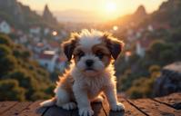 photograph, highly detailed, angle from above of a Horrid Lyrical Shih Tzu Puppy of Envy , plain Aesthetic background