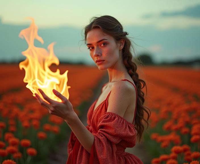 photograph, elegant, long shot of a Hyperdetailed Elastic athletic traditional Steerage Rebecca Ferguson , she is casting a Flame magic spell