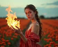 photograph, elegant, long shot of a Hyperdetailed Elastic athletic traditional Steerage Rebecca Ferguson , she is casting a Flame magic spell