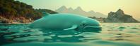 photograph, majestic, medium shot of a Mint Green, Salmon and Lemon Yellow Beluga Whale