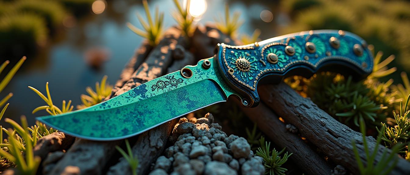 by Ernst Haas , photograph, intricate details, birds eye view shot of a Cobalt Blue and Chartreuse Tudor Ritual knife