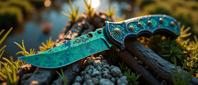 by Ernst Haas , photograph, intricate details, birds eye view shot of a Cobalt Blue and Chartreuse Tudor Ritual knife