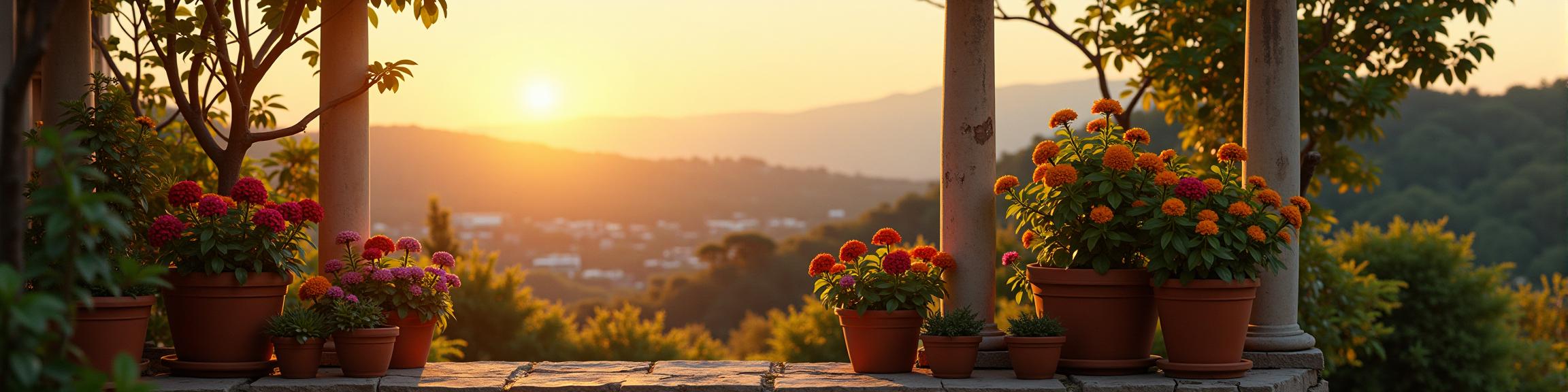 photograph, zoomed out of a Emergent S Earth Shock , Albanian background, lush nature with Pots with flowers
