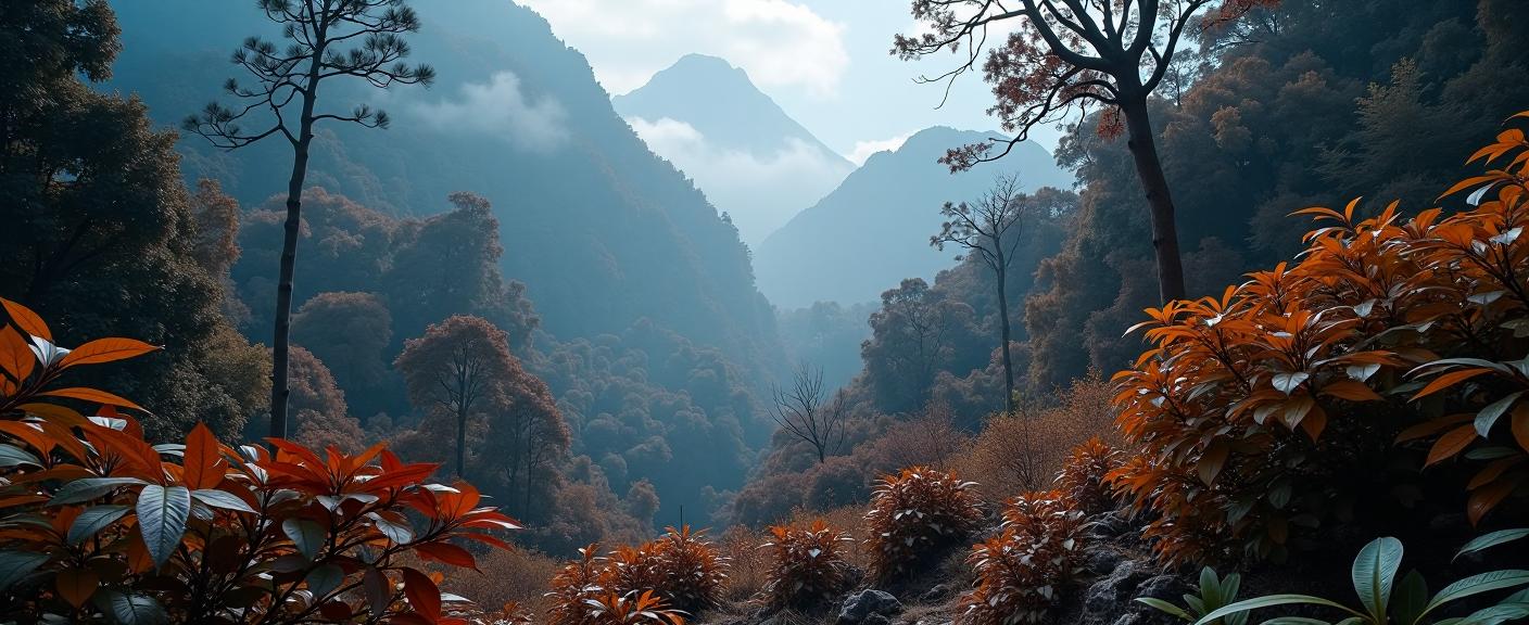 photograph, autumn mountains and jungle, fairy tale, zoomed out of a Draconian Lo Fi fluorescent Ugandan Tarot cards