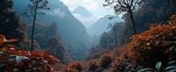 photograph, autumn mountains and jungle, fairy tale, zoomed out of a Draconian Lo Fi fluorescent Ugandan Tarot cards