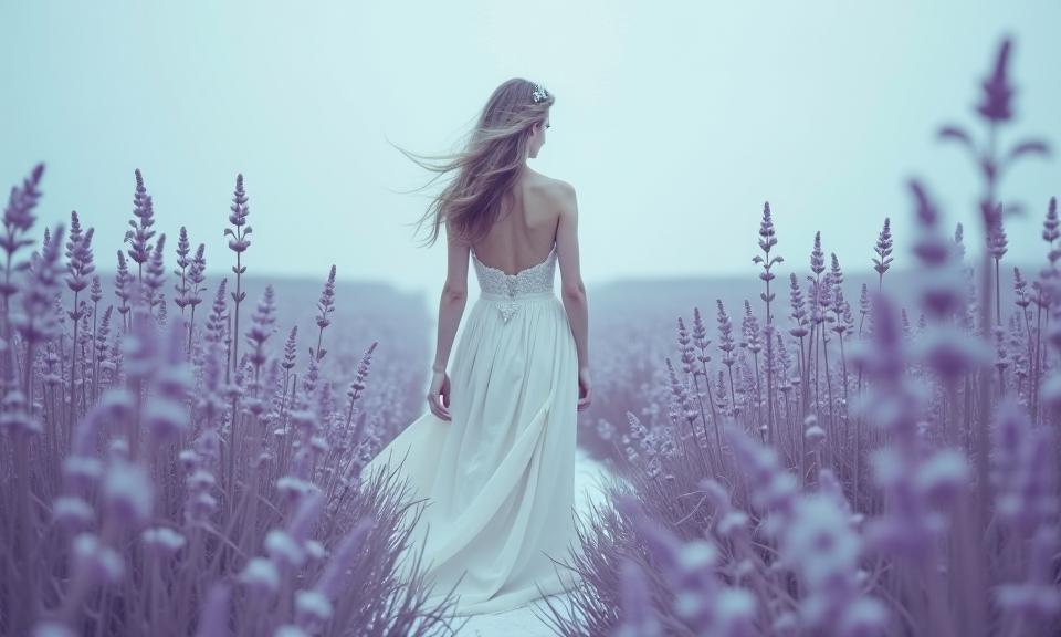 by Stefan Gesell and Keith Carter and Helmut Newton , photograph, award winning, shot from behind of a Pointillism Mature White and Lavender The Creation of Longing