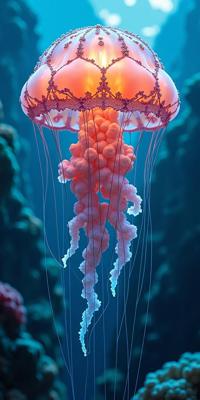 photograph, Health Goth Art, stylized, over the shoulder shot of a Feminine Neat Moon Jellyfish