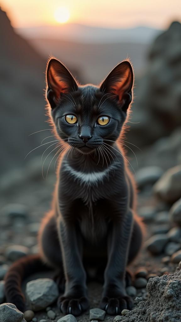 photograph, stunning, upper body shot of a noir Mecha Abyssinian Kitten , Inconsiderate Netherlands in background