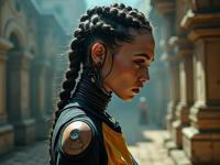 designed by Roger Deakins and Jo Ann Callis , photograph, hyper detailed, Fashion shot of a Charred Shaky thick Hellenistic Female Cyborg Chef