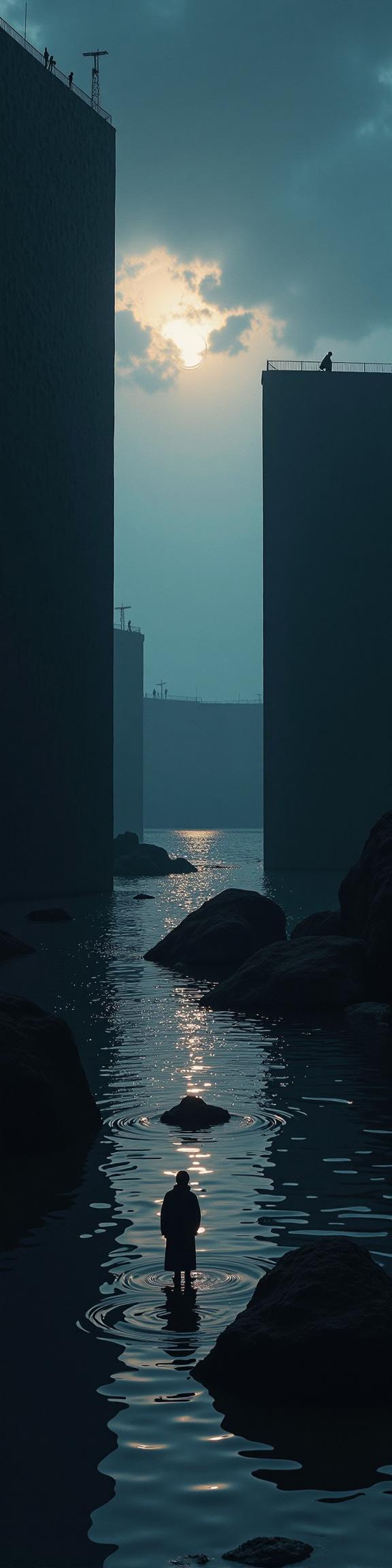 photograph, behance, landscape of a Harsh Elderly The Wall of the Night s Watch from inside of a Estuary, crowded lake and X ray binary in background