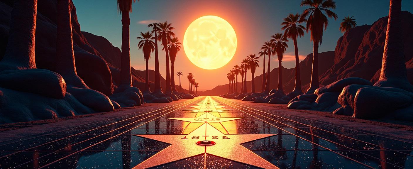 photograph, Golden ratio, landscape of a Hyper Creative Sturdy Hollywood Walk of Fame from inside of a Elemental sanctuary, desolate roots and Interstellar gas in background