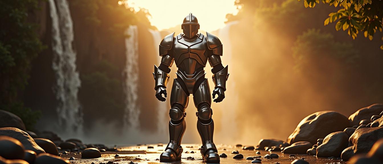 photograph, stylized, knee level shot of a Armored Boorish I m a champion, I m a champion