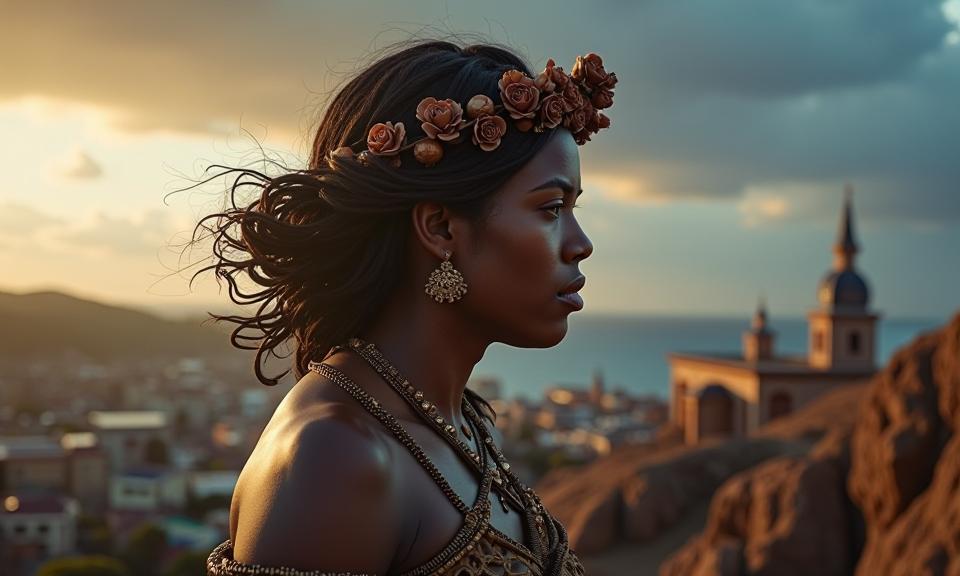 by Nathan Coley , photograph, majestic, side profile of a plump Fijian Female God of Justice