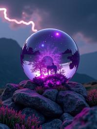 photograph, epic composition, full body shot of a Deep rooted Charismatic all american Crystal ball , it is with electric purple adornments