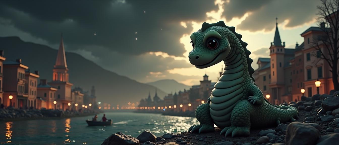 photograph, best quality, medium close up shot of a Enticing Insecure baby Loch Ness Monster , Bohemian background
