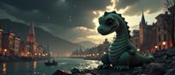 photograph, best quality, medium close up shot of a Enticing Insecure baby Loch Ness Monster , Bohemian background