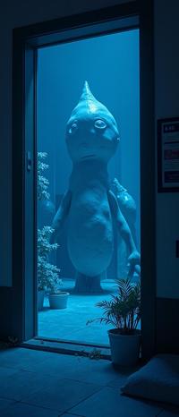 art by Andr Kert sz and Wes Anderson and Mike Winkelmann , photograph, concept art, landscape of a Haunted Shorty Blue Icecrown from inside of a Hardware store