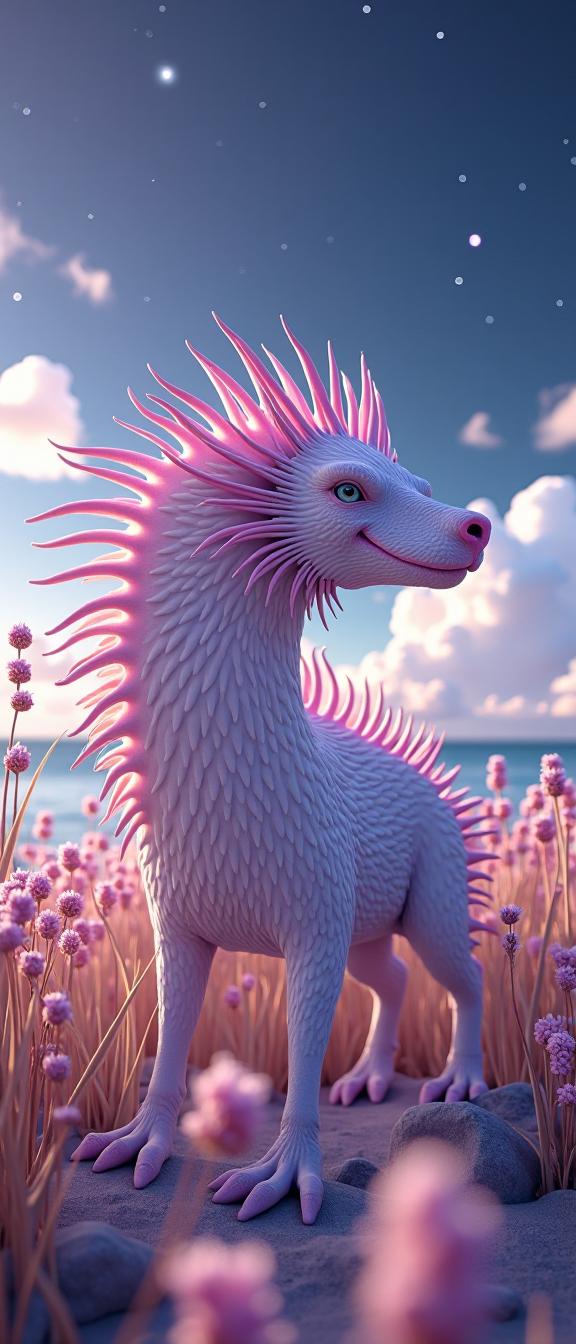 photograph, Golden ratio, zoomed out of a Figurative Art Enthralling White and Lilac Interplanetarypurplythorny Beast , Abrasive Miami in background