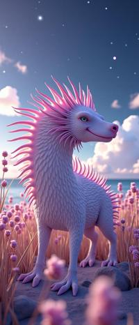 photograph, Golden ratio, zoomed out of a Figurative Art Enthralling White and Lilac Interplanetarypurplythorny Beast , Abrasive Miami in background