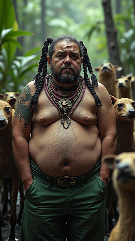 photograph, intricate background, professionally shot of a Middle Aged Folded hefty Folk Aidan , he is surrounded by a group of Absorbing animals wearing Deeply Thoughtful Chinos