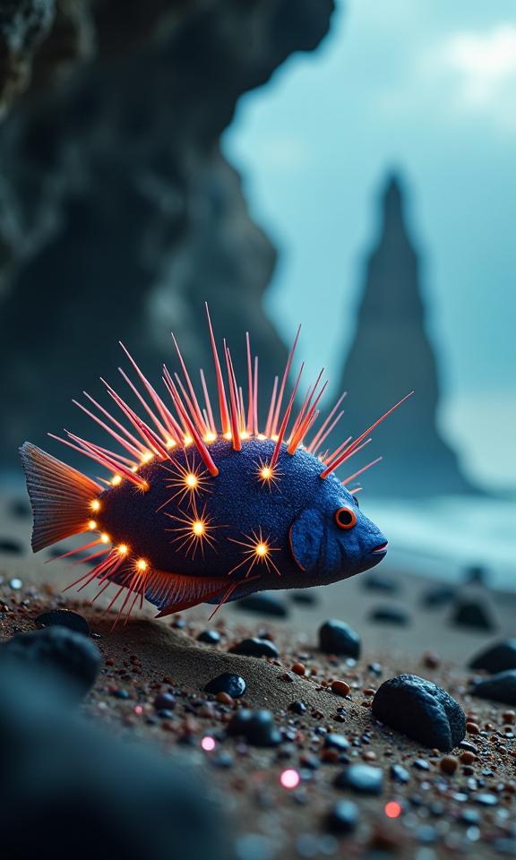 photograph, positive emotional, shot from side of a Sexy Glittering Porcupine Fish , from inside of a Primordial Sagrada Familia