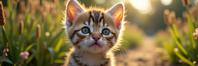 photograph, intricate details, eye level shot of a Flawless Fashionable British Shorthair Kitten , Fitted Rural area in background