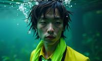 stylized by Bertil Nilsson and Andreas Levers , photograph, under water, close up shot of a Insecure Warlock lanky Chinese Male