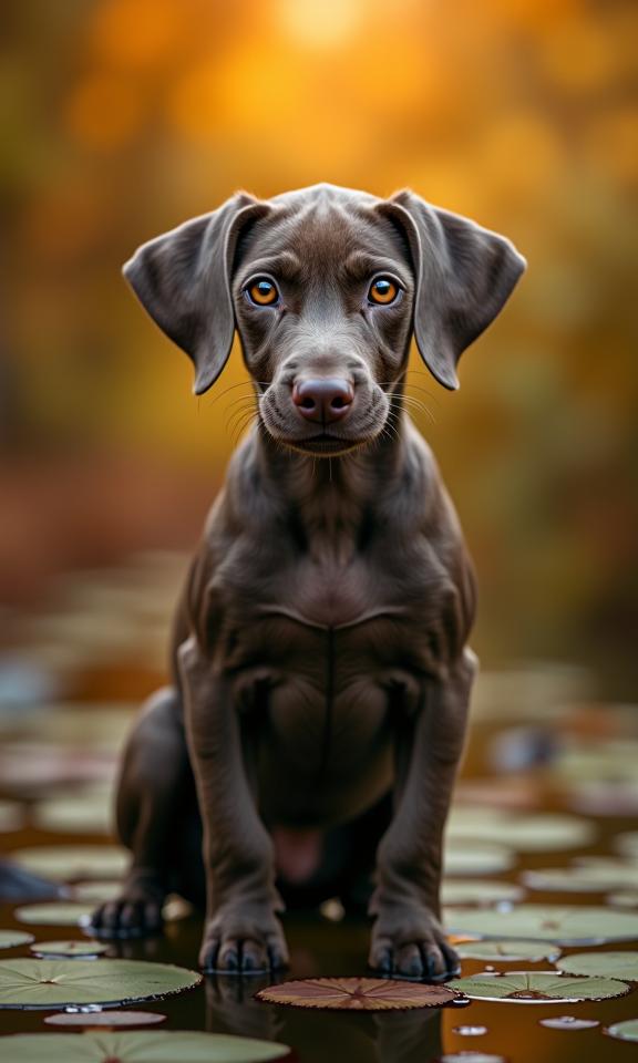 by Marta Bevacqua and George Christakis and Rebeca Saray , photograph, intricate background, Portrait of a Bright Aging Weimaraner Puppy