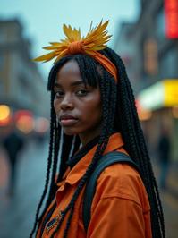 by Pieter Hugo and Tim Walker and Spencer Tunick , photograph, concept art, selfie of a Biopunk Art Energizing chubby Rasta Female Bounty hunter