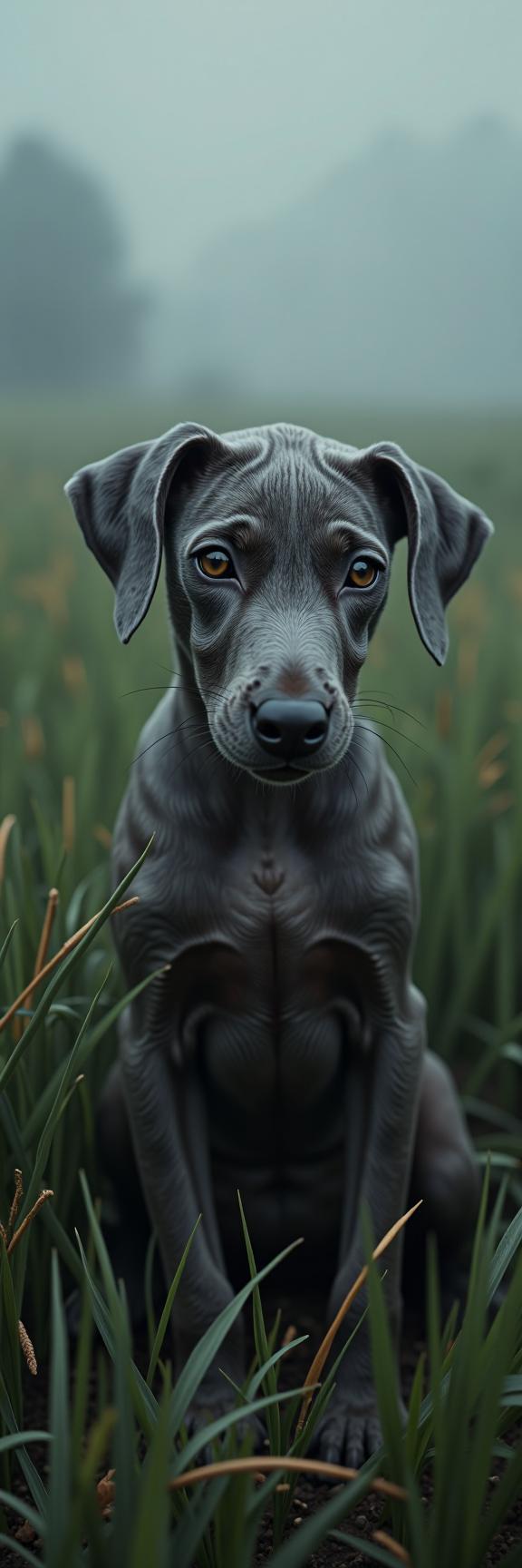 stylized by Brett Weston , photograph, elegant, Fashion shot of a Weimaraner Puppy with Fish skin