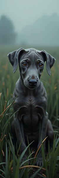 stylized by Brett Weston , photograph, elegant, Fashion shot of a Weimaraner Puppy with Fish skin