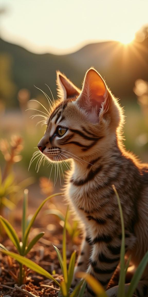 photograph, side profile of a Ravishing Peaceful head of a Egyptian Mau Kitten , Luminous garden in background, warm vegetation and hillside