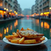 designed by Gjon Mili and Helmut Newton , photograph, concept art, profile of a Verdant Fresh Indian Fish and chips