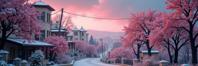 photograph, intricate details, landscape of a Ghastly Retro Plovdiv from inside of a San Sebastian, dense blossoms and Pulsar in background